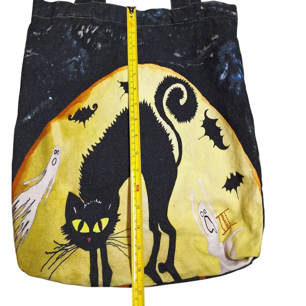 Black cat ghosts witch holloween whimsygoth canvas tote bag spooky full moon bat
